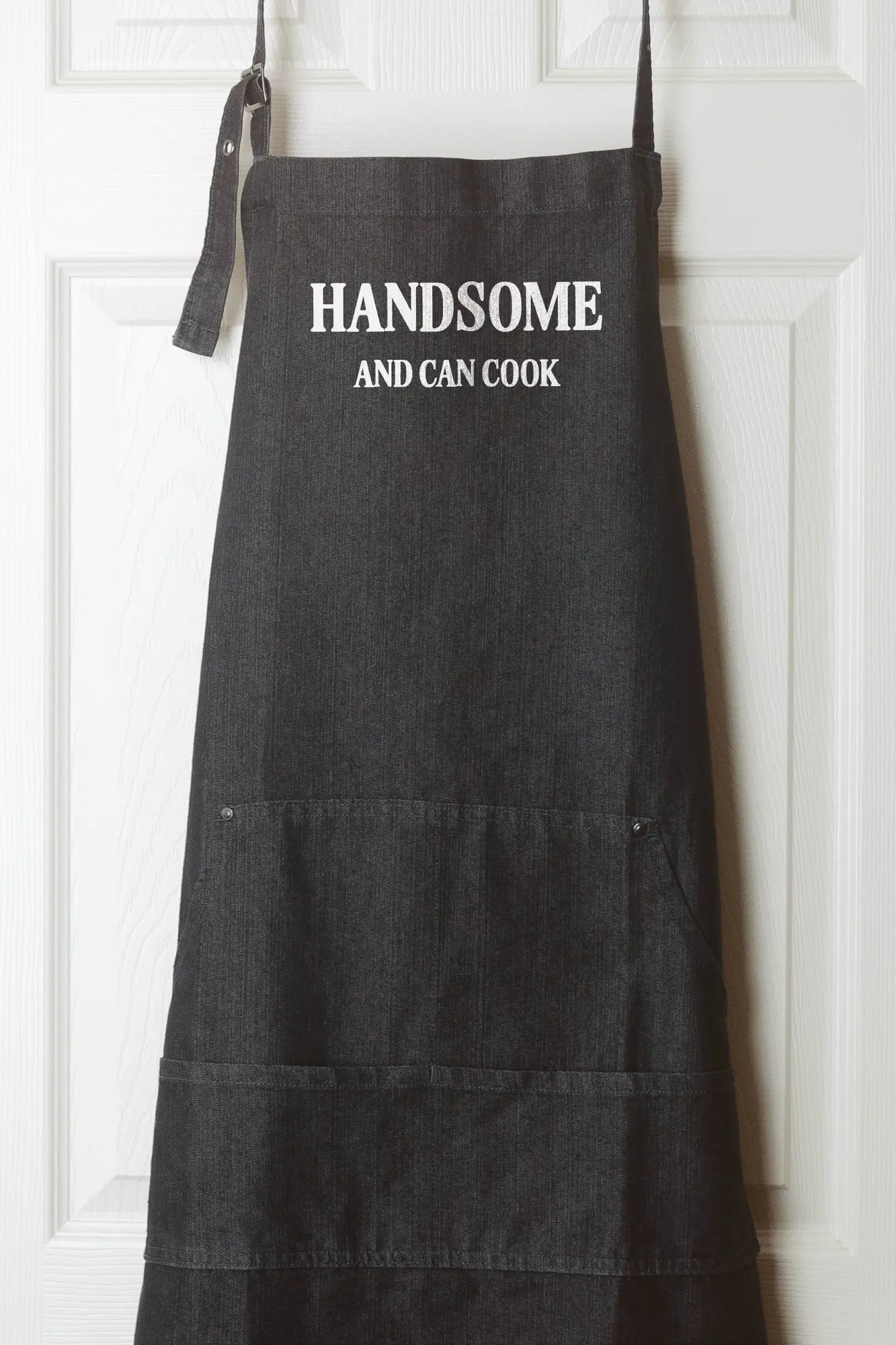 a handsome and can cook denim apron in black denim