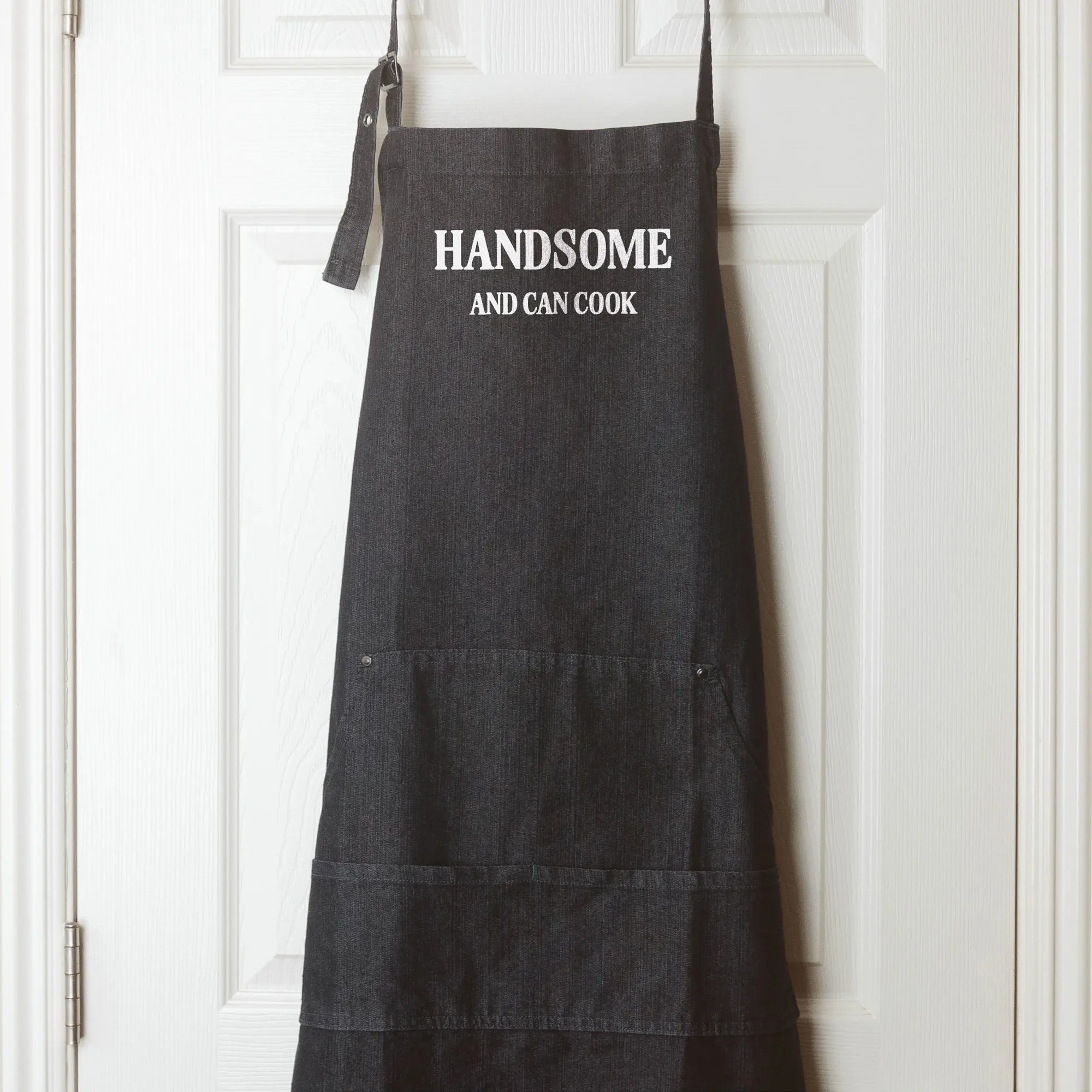 a handsome and can cook denim apron in black denim