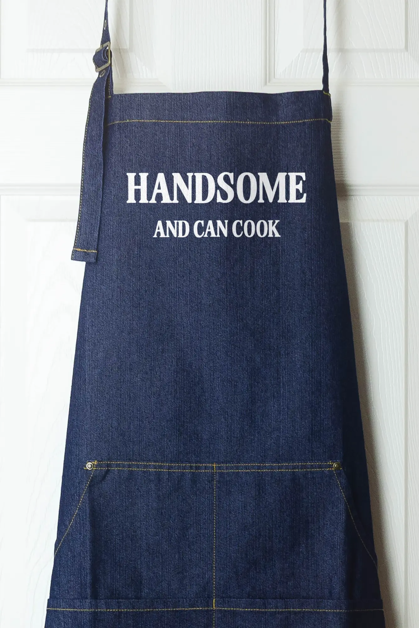 a handsome and can cook denim apron in indigo denim