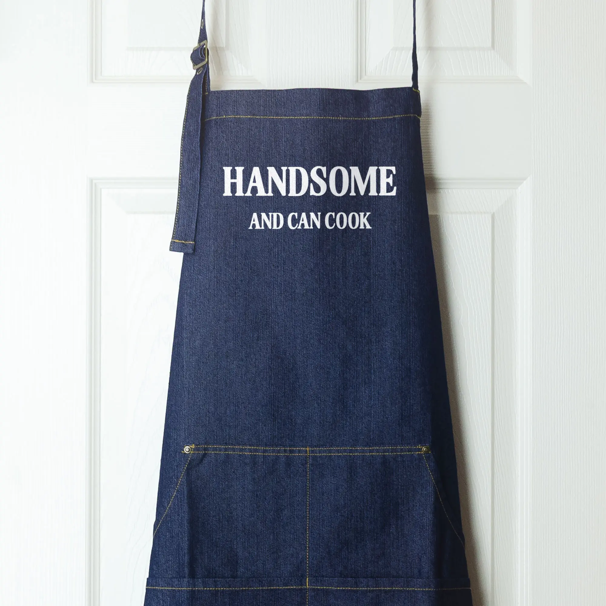 a handsome and can cook denim apron in indigo denim