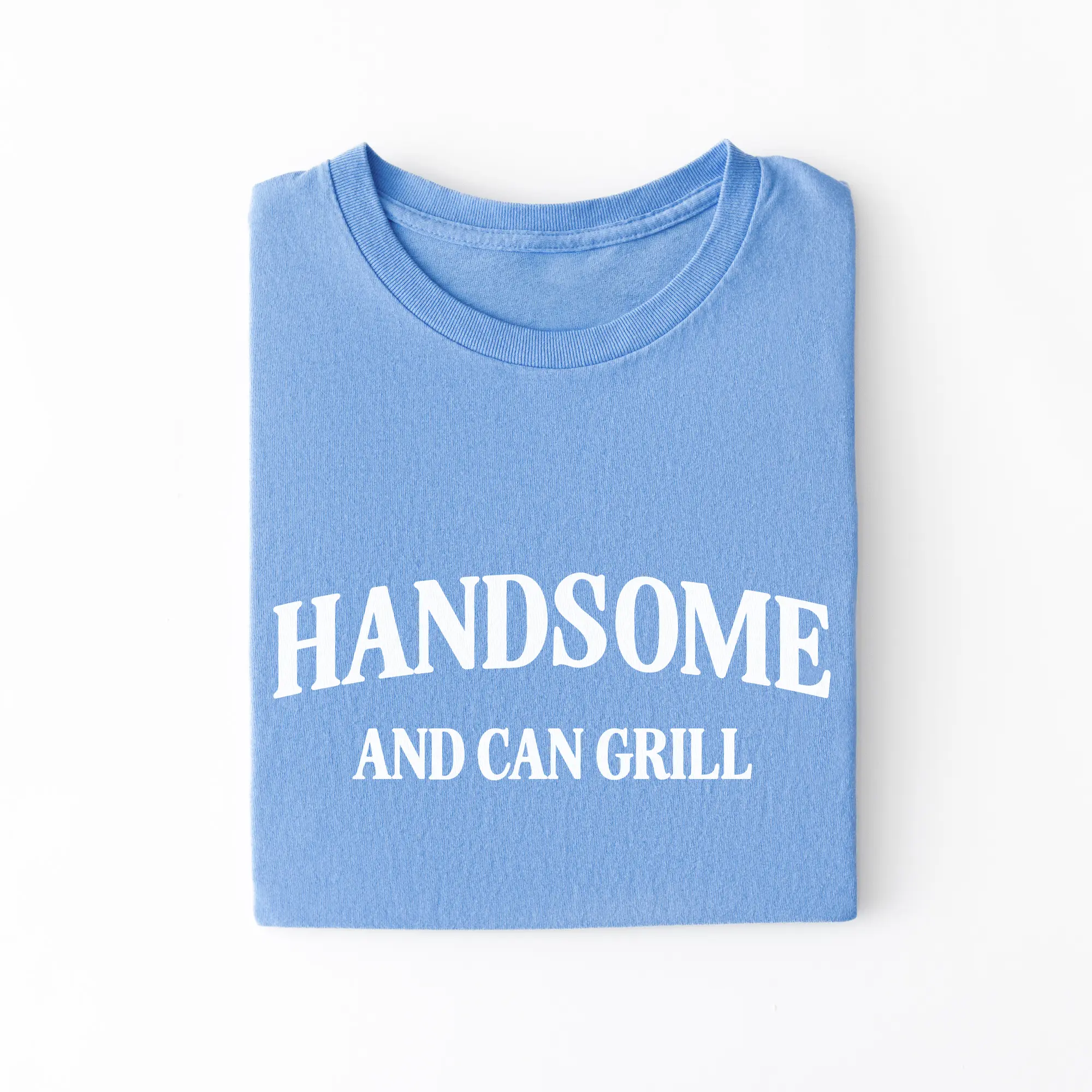 a handsome and can grill shirt in carolina blue
