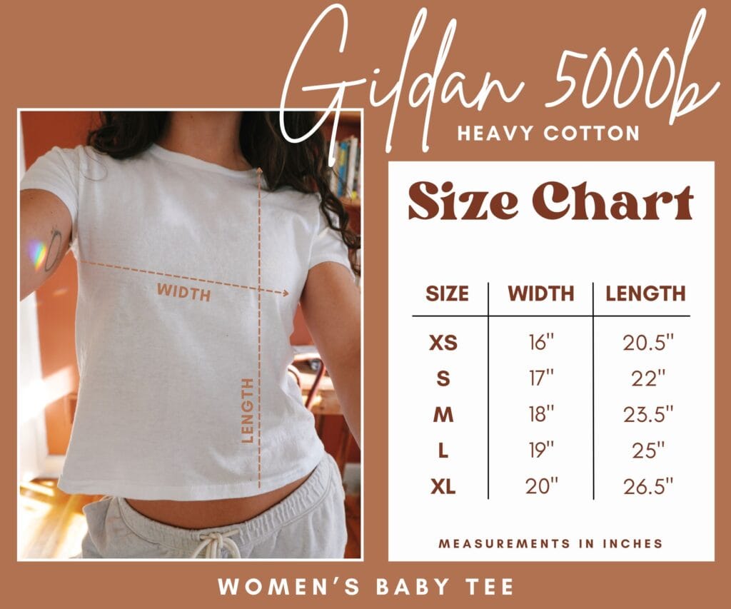 size chart for the women's baby tee 