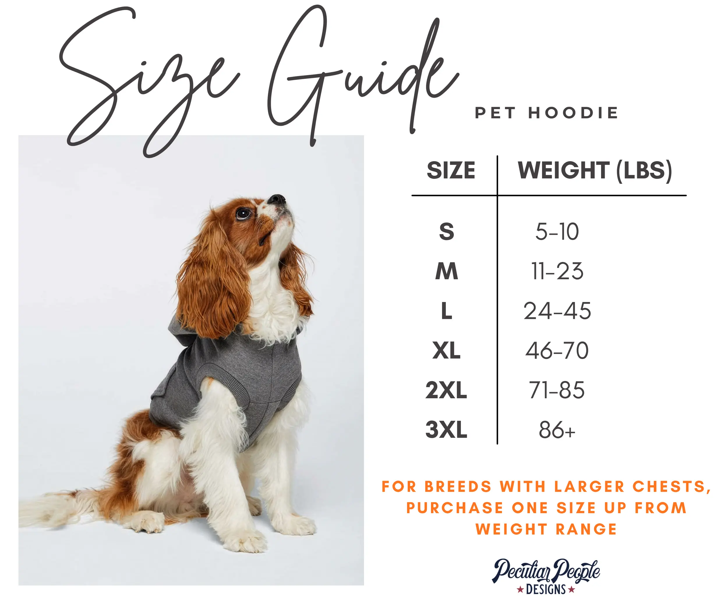 Pet hoodies size guide Peculiar People Designs.