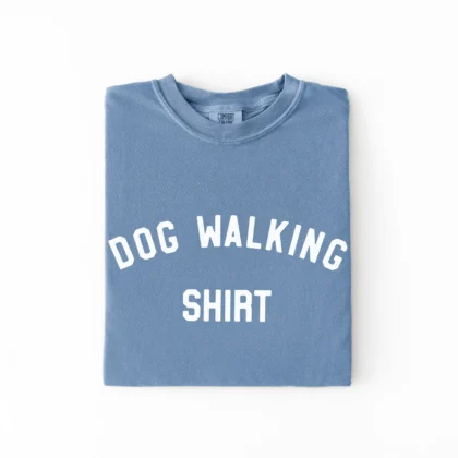 a dog walking shirt in blue jean
