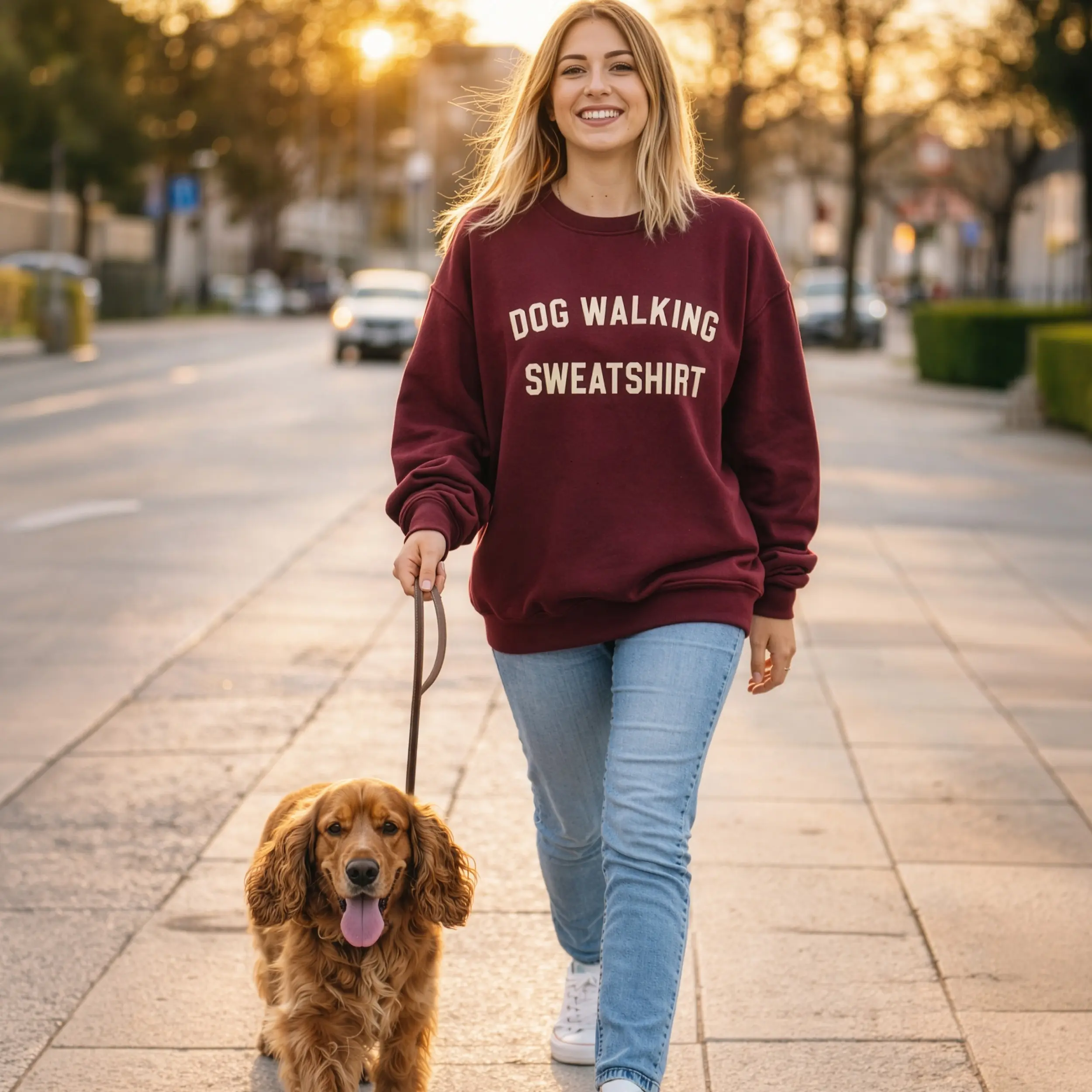 a young woman walking a dog, wearing a dog walking sweatshirt in maroon