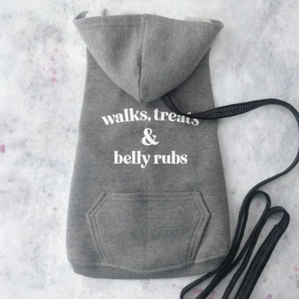 a walks treats belly rubs dog hoodie in granite heather
