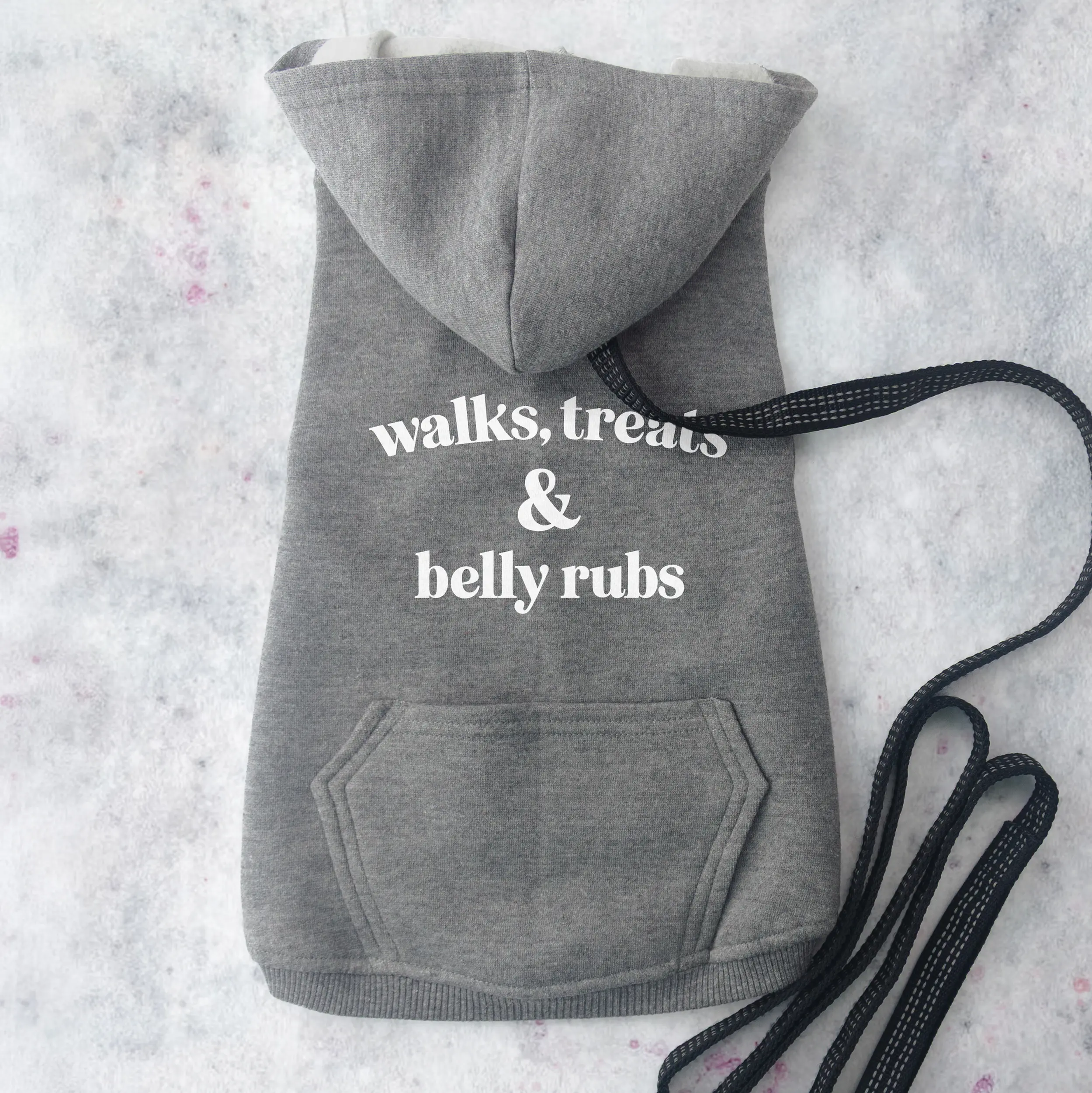 a walks treats belly rubs dog hoodie in granite heather