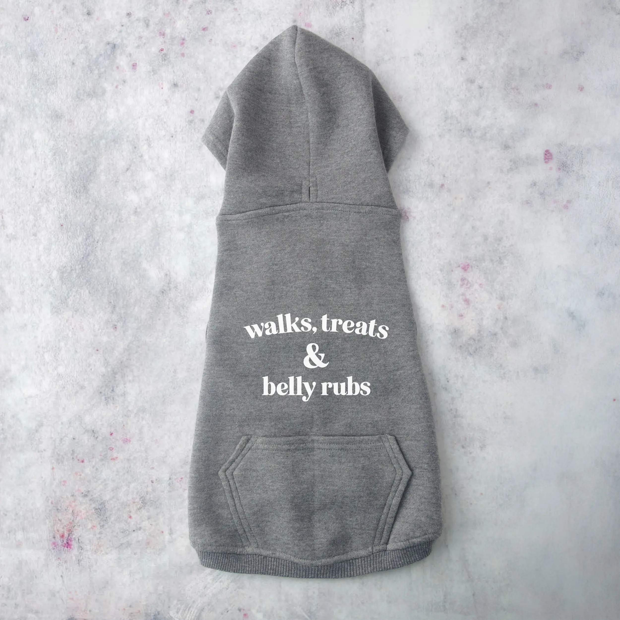 a walks treats belly rubs dog hoodie in granite heather