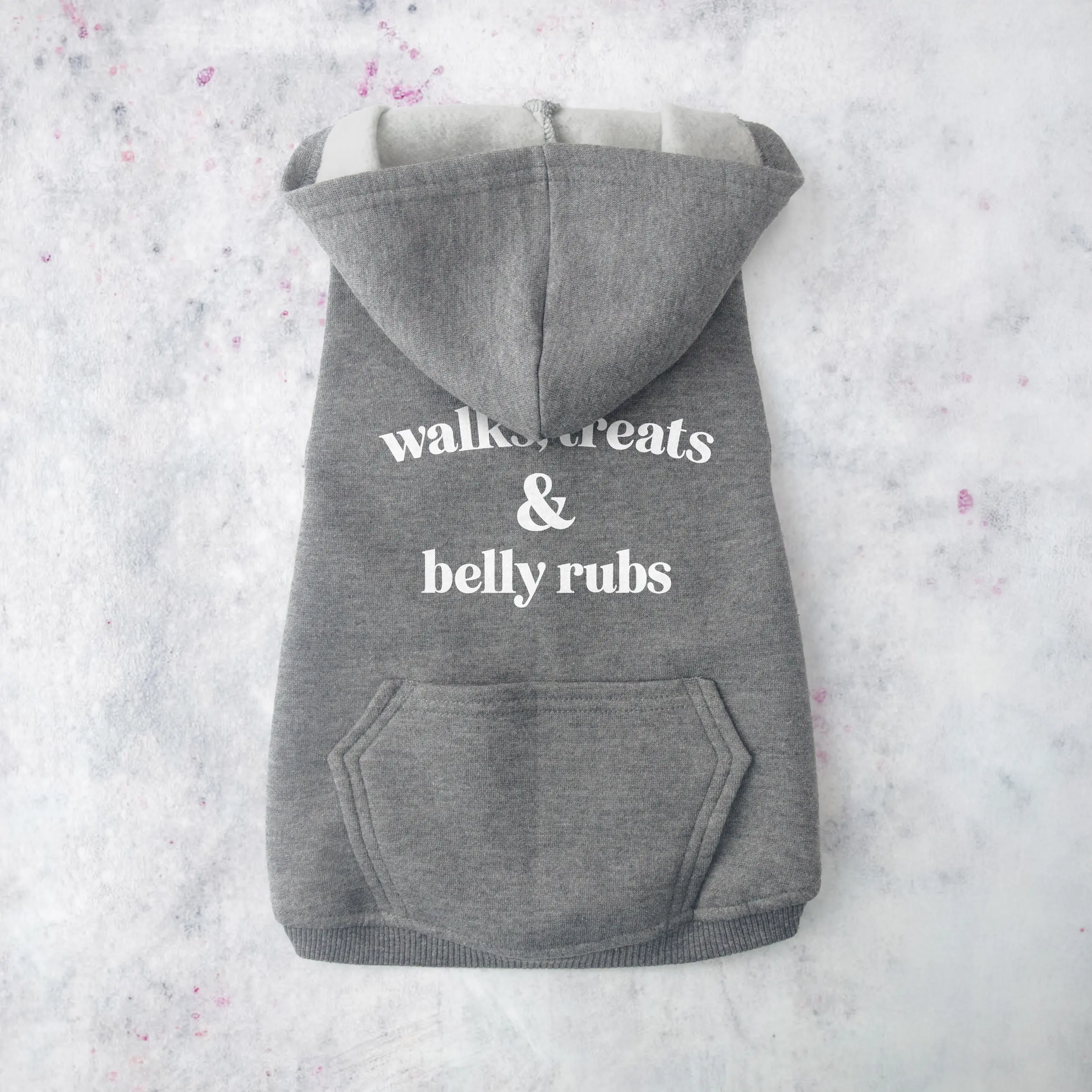a walks treats belly rubs dog hoodie in granite heather