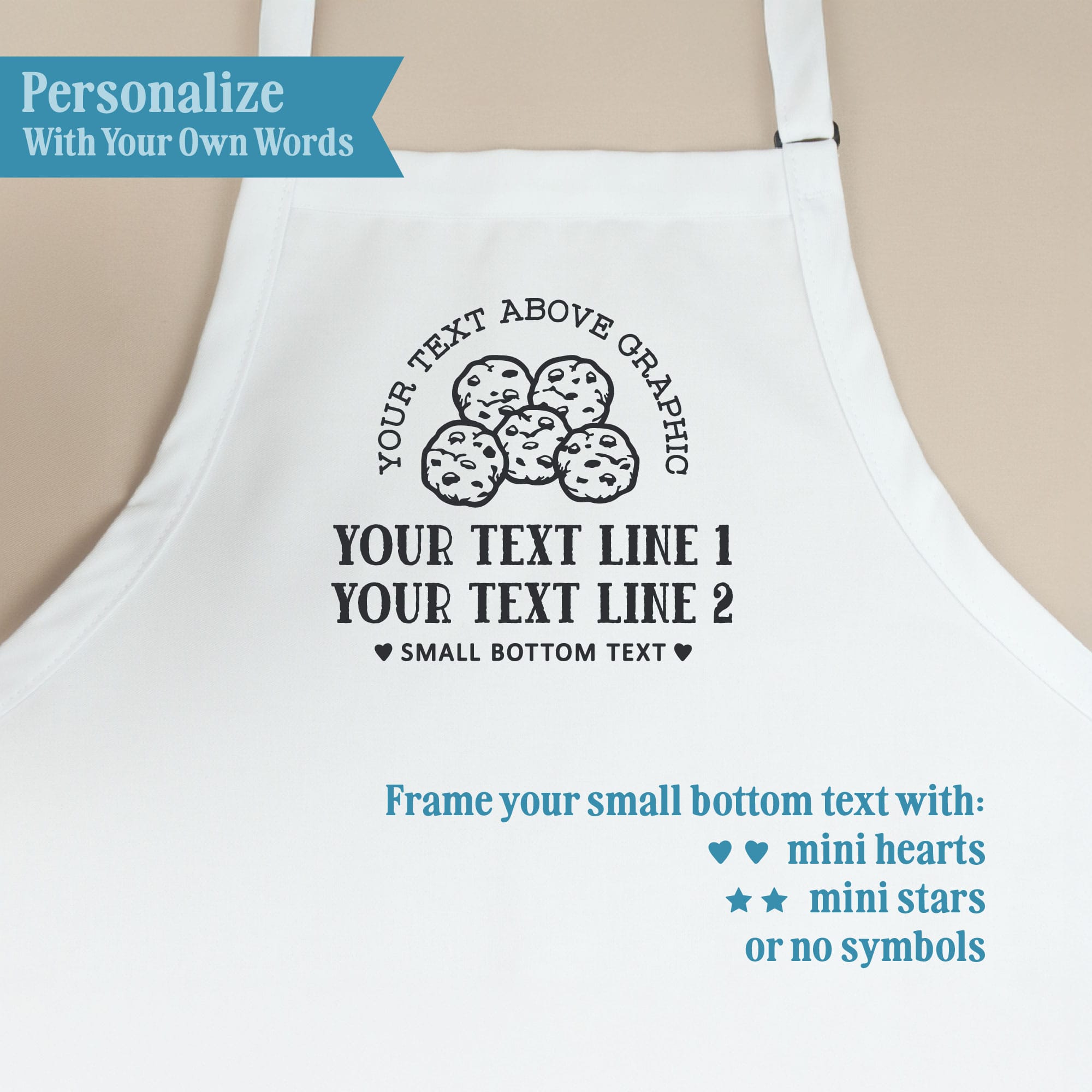 Personalization guide for Personalized Cookie Baking Apron, showing custom text placement.