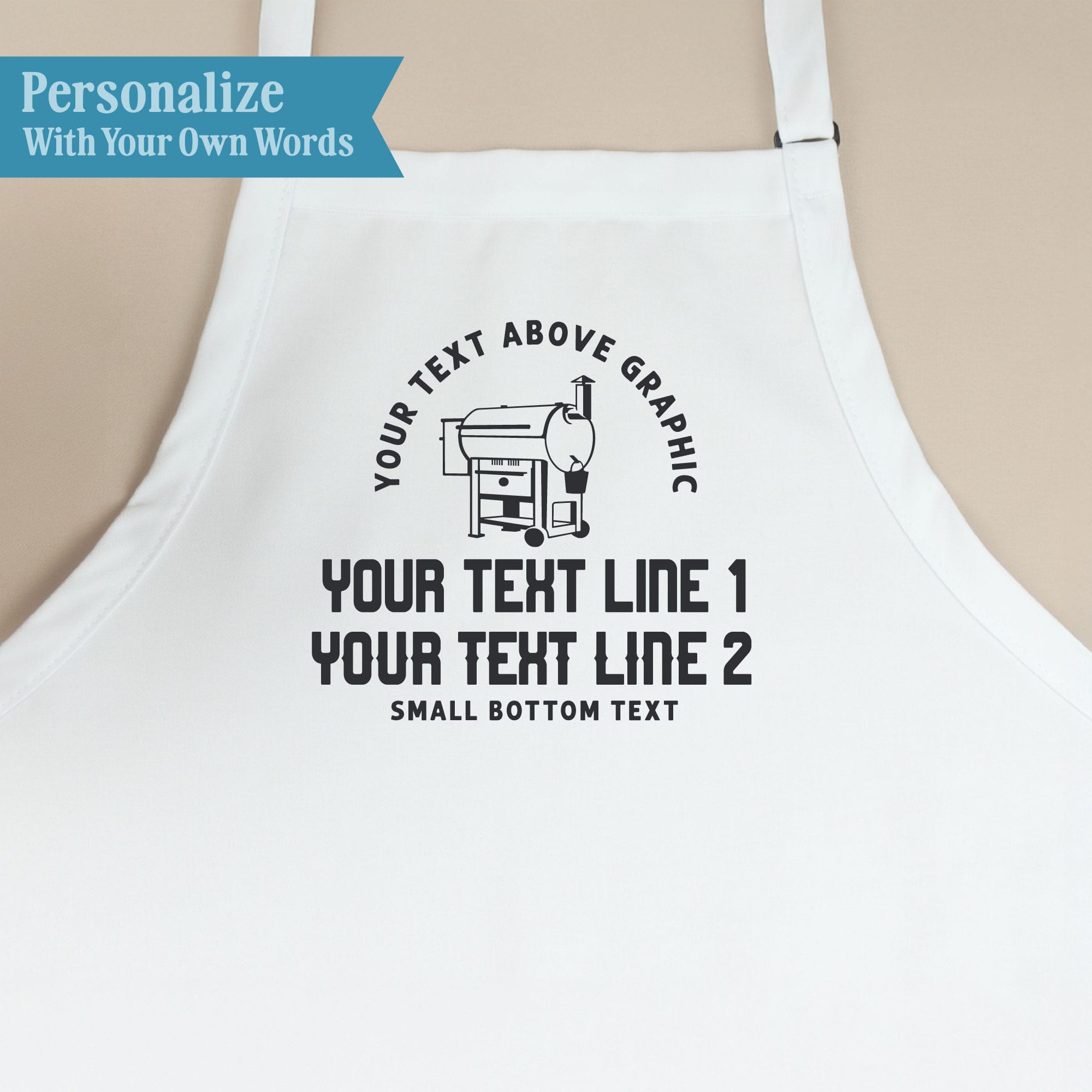 Personalization guide for Personalized Pellet Grill & Meat Smoker Apron, showing custom text placement.