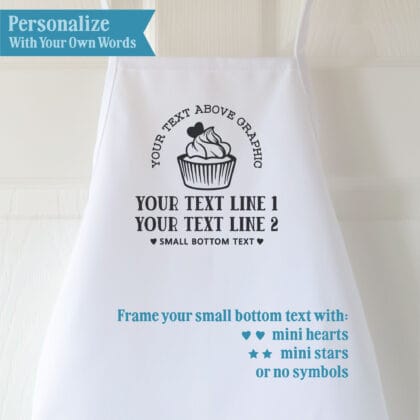 Kids cupcake apron personalization guide showing custom text placement.