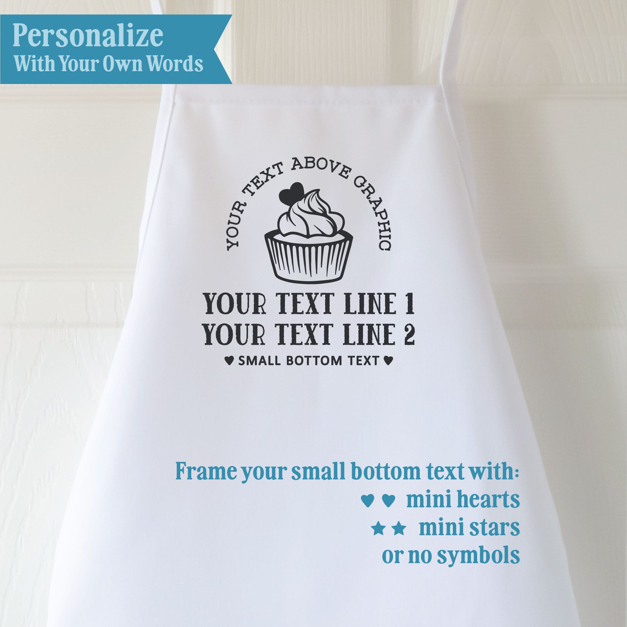 Kids cupcake apron personalization guide showing custom text placement.