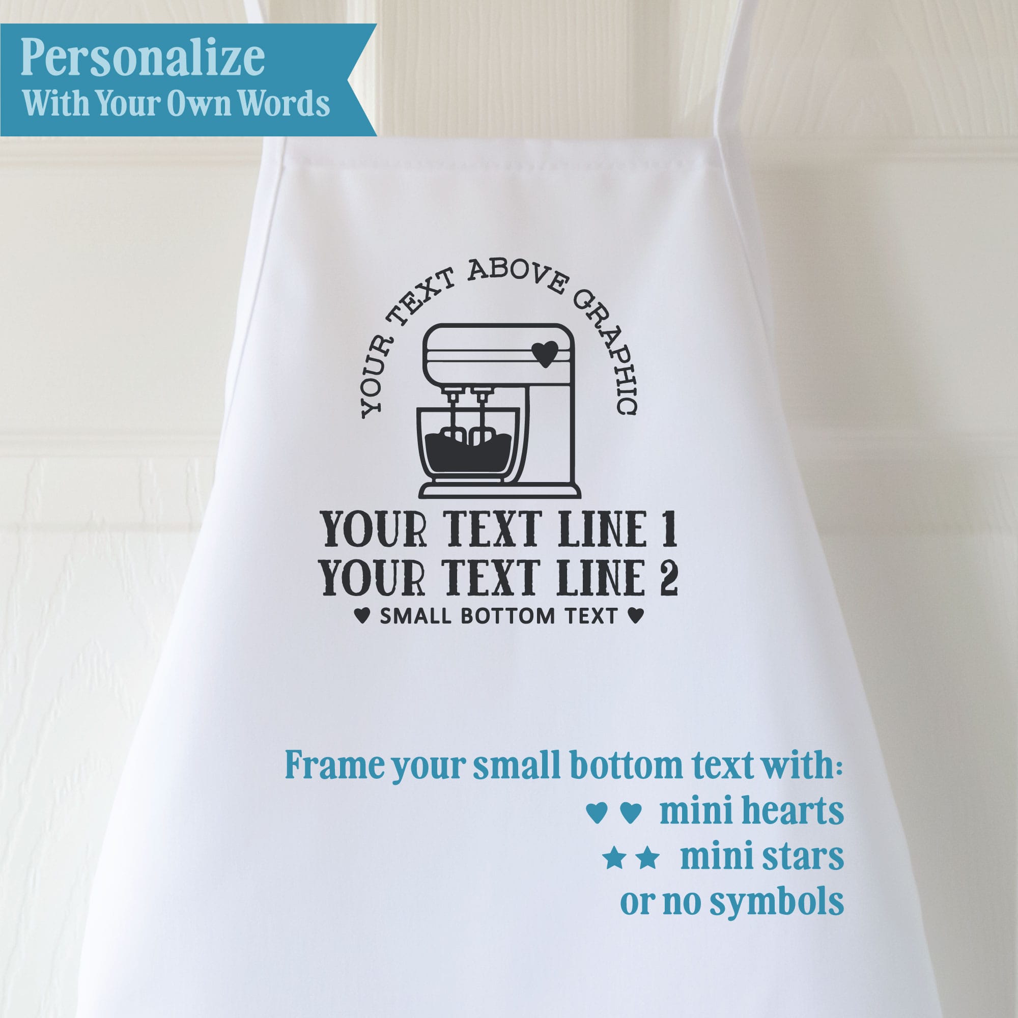 Personalization guide for Kids Personalized Stand Mixer Baking Apron, showing custom text placement.