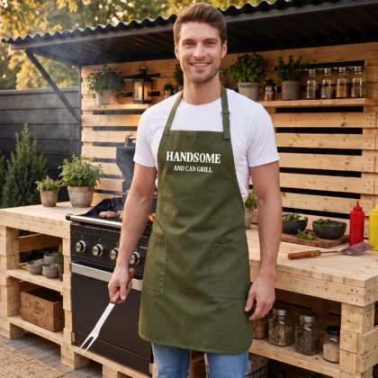 Man wearing a Forest Handsome And Can Grill Basic Apron beside an outdoor grill