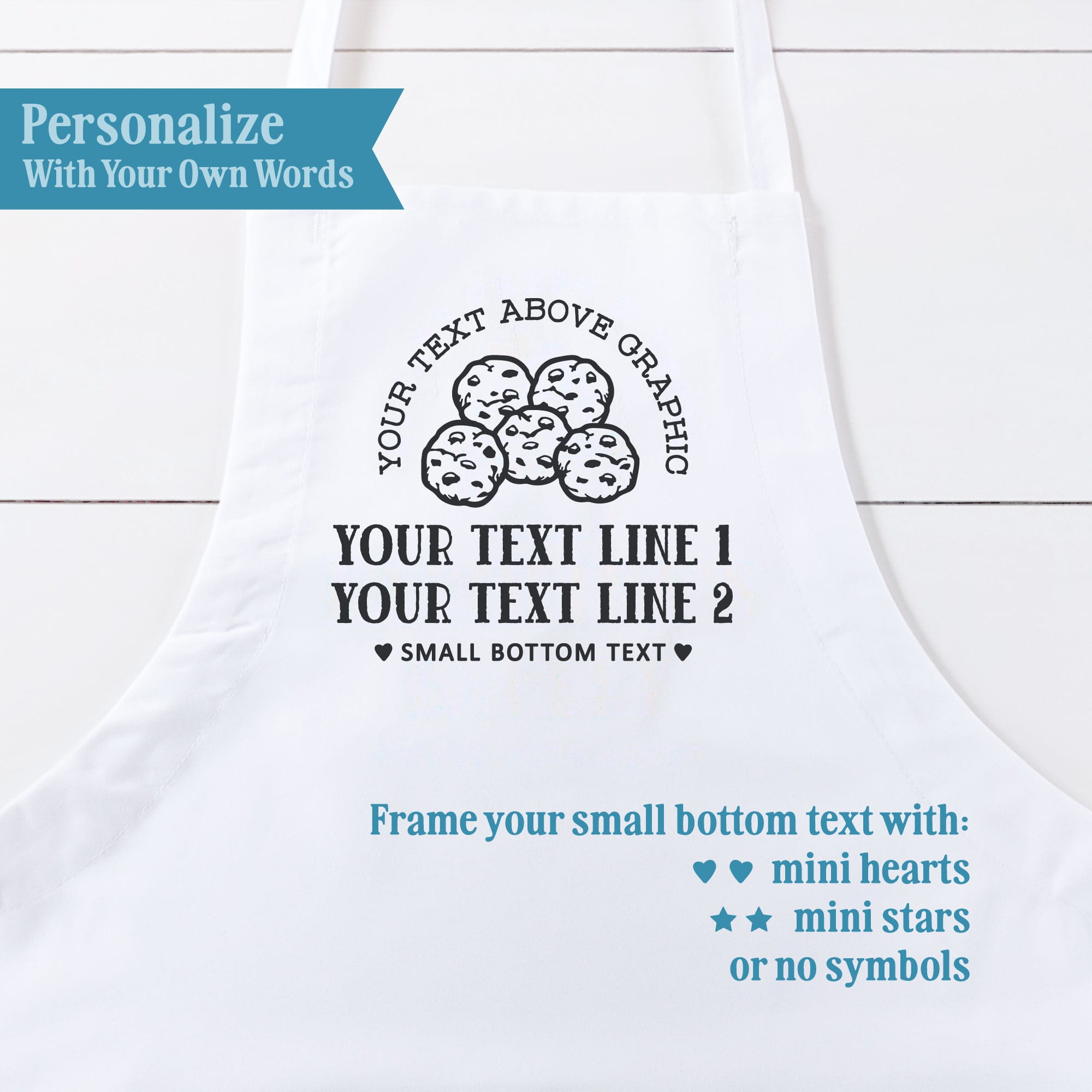 Personalization guide for Personalized Cookie Baking Butcher Apron, showing custom text placement.