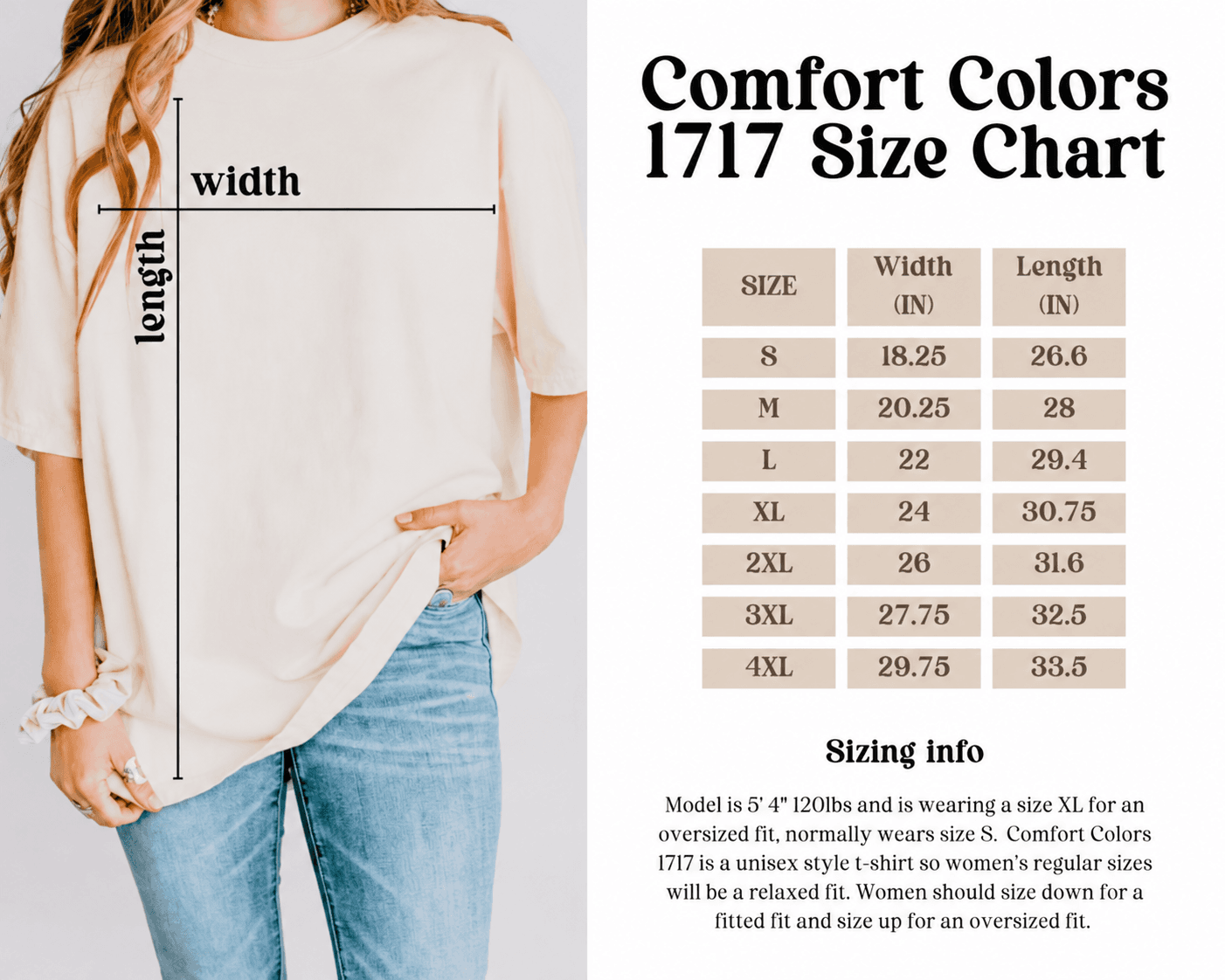 Comfort Colors 1717 unisex T-shirt size chart with width and length measurements in inches, sizes S through 4XL; measurements also provided in the text table.