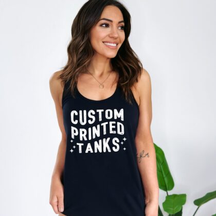 a beautiful young woman wearing a Custom Racerback Tank Top in black