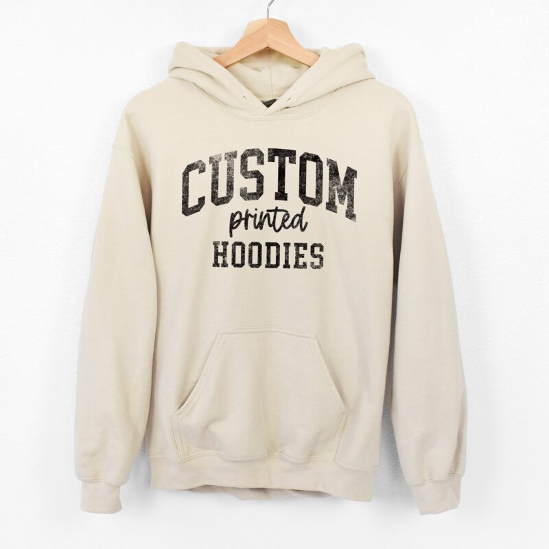 a custom printed hoodie in sand