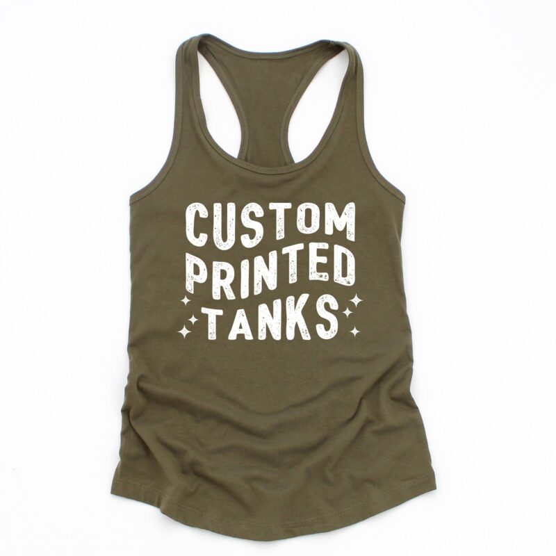 a custom printed racerback tank in military green