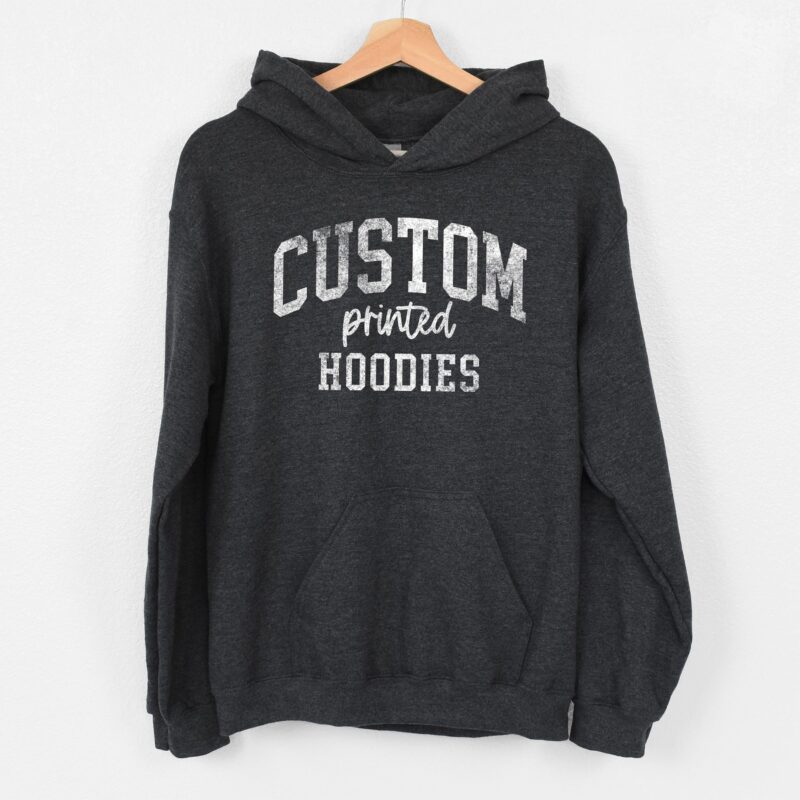 a custom printed hoodie in dark heather