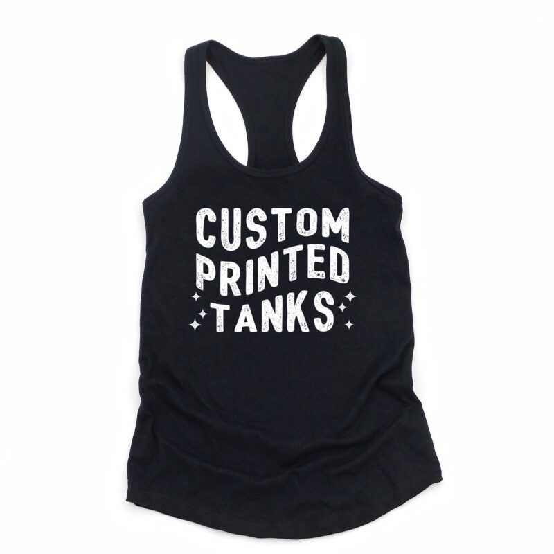 a custom printed racerback tank in black