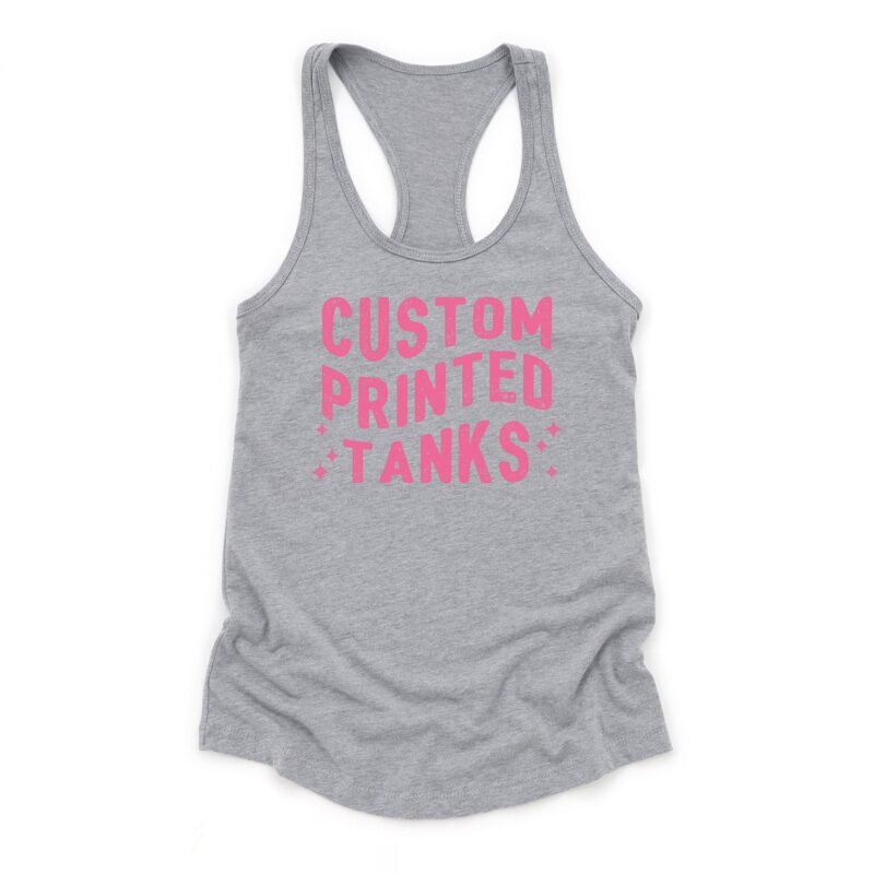 a custom printed racerback tank in heather grey