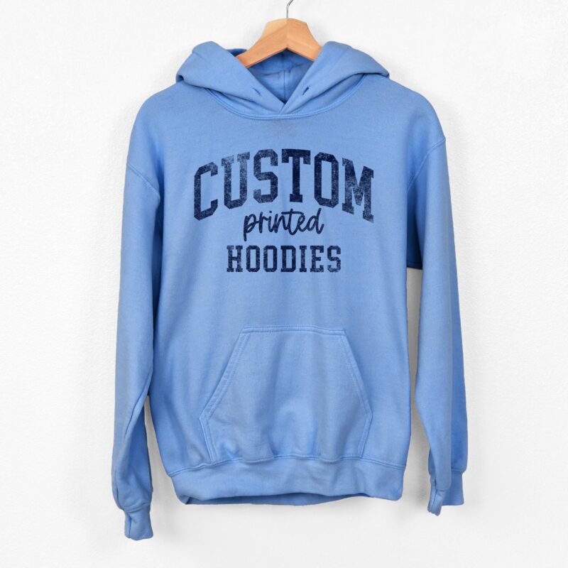 a custom printed hoodie in carolina blue