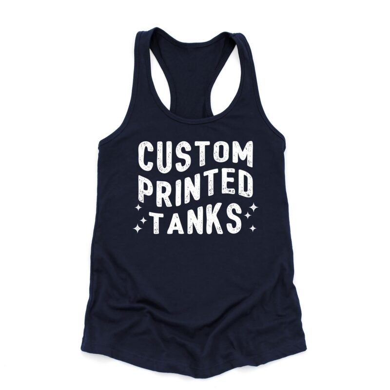 a custom printed racerback tank in navy