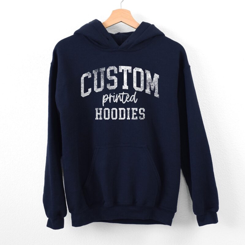 a custom printed hoodie in navy