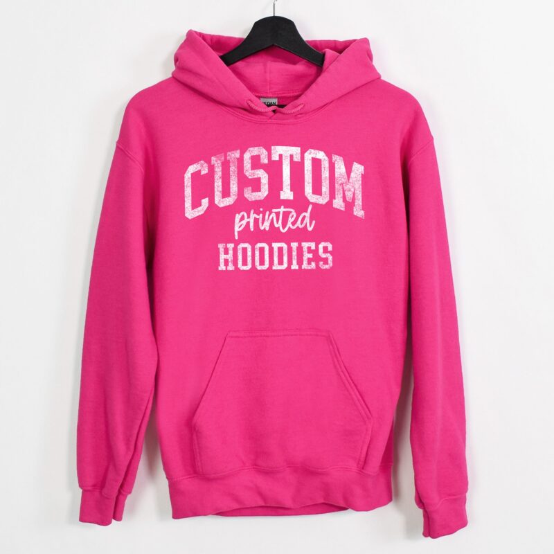 a custom printed hoodie in heliconia