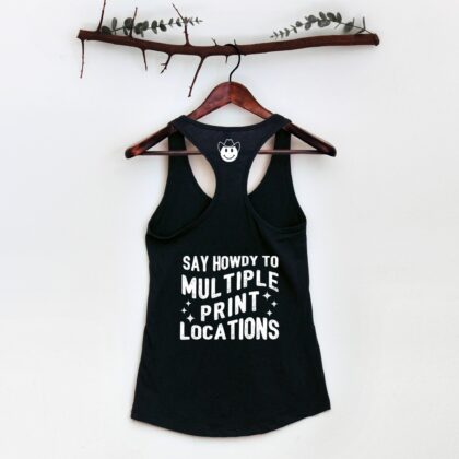 a custom printed tank top showing multiple print location possibilities