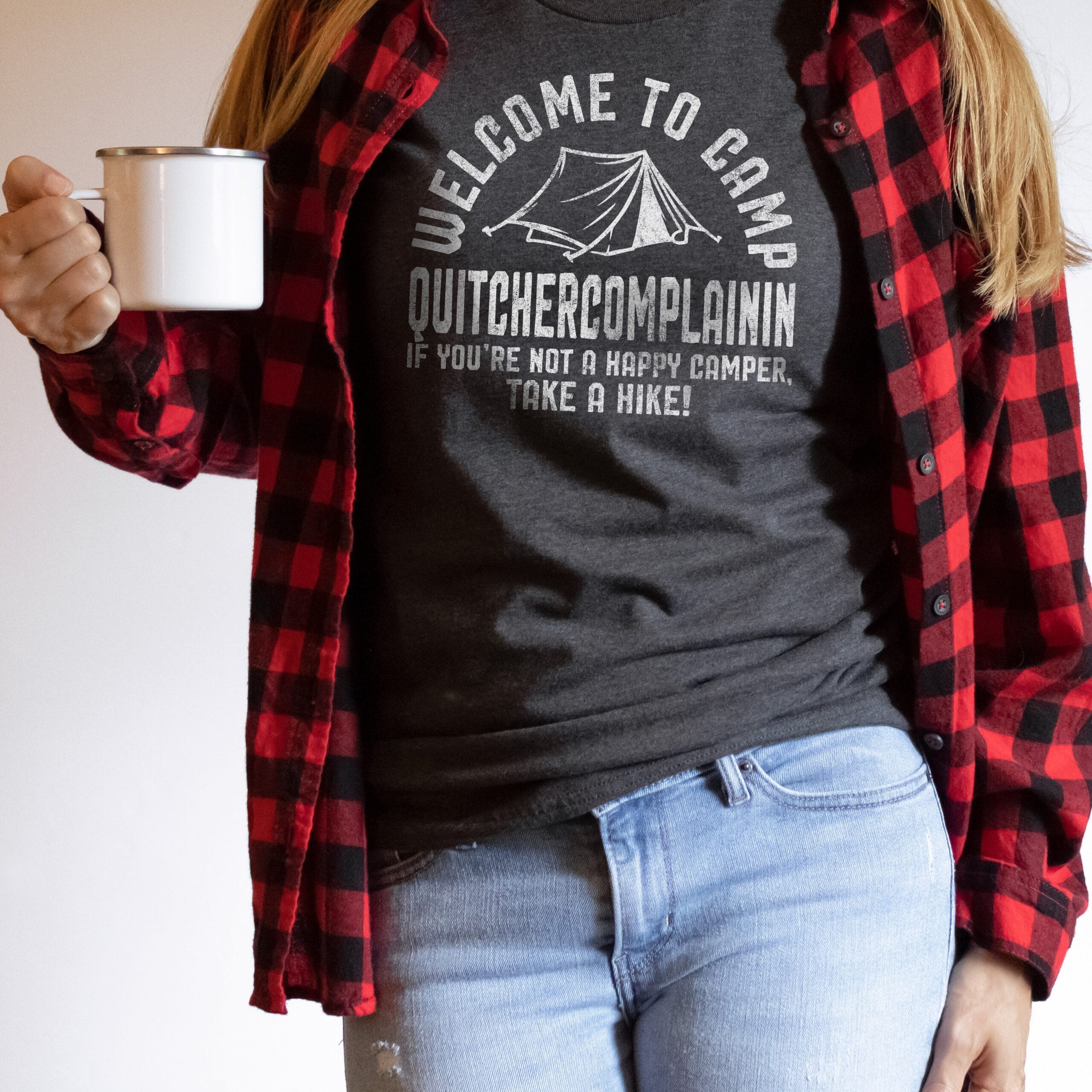a young woman wearing a Quitchercomplainin Camp Shirt in dark grey