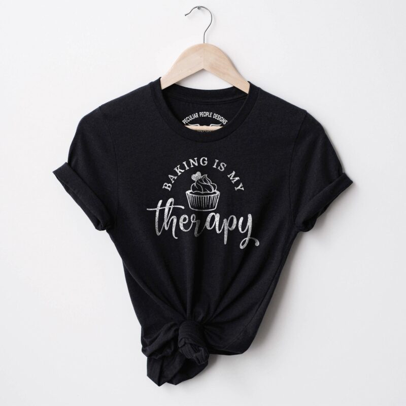 a Baking Is My Therapy Cupcake Shirt in black